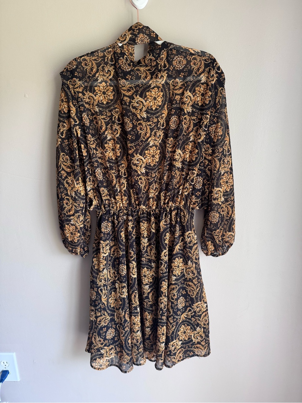 Imperial Scroll Print Tie Neck Dress Fit Flare Black Gold Semi Sheer M - Picture 3 of 11